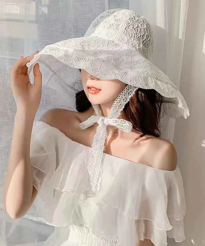Elegant White Beach Lace Up Big Brim Sun Hat - Woolova