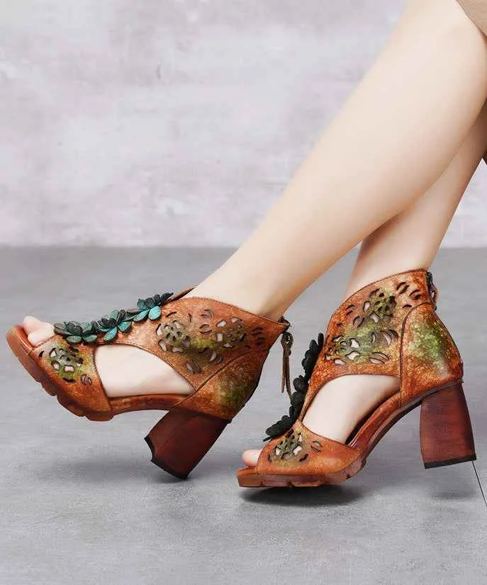 Ethnic Style Hollow Out Floral Chunky Heel Fish Mouth Sandals - Woolova