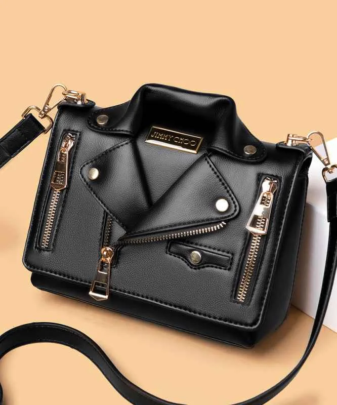 Fashion Black Zippered Faux Leather Messenger Bag - Woolova