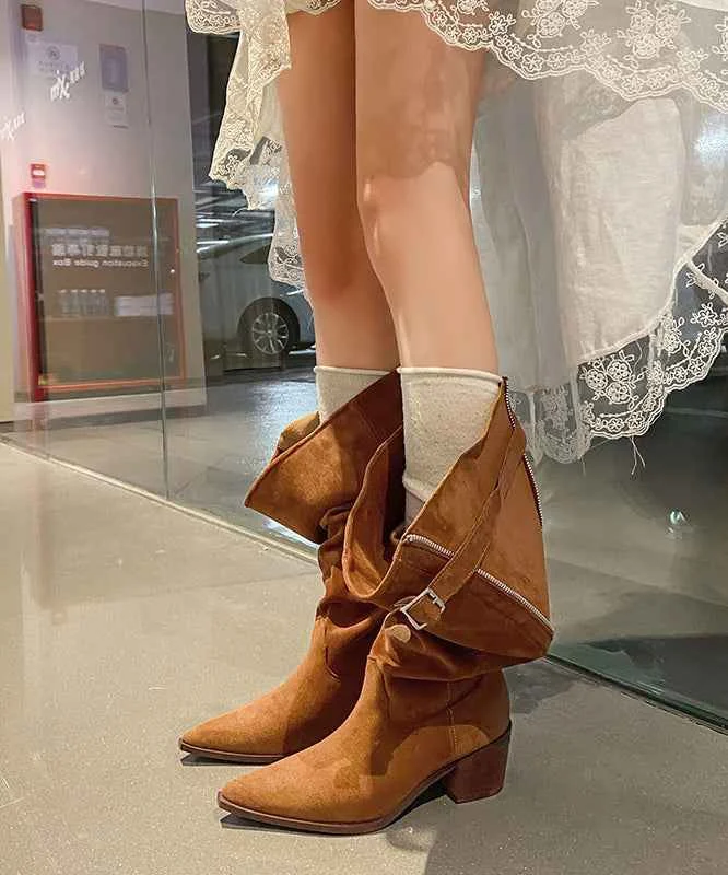Fashion Splicing Chunky Boots Brown Cowhide Leather - Woolova