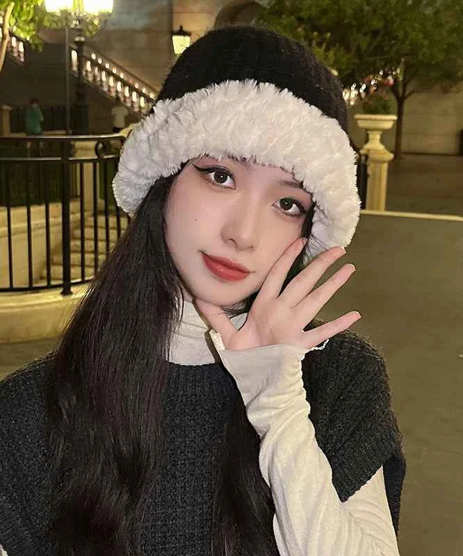 Fine Black Patchwork Thick Knit Bonnie Hat - Woolova