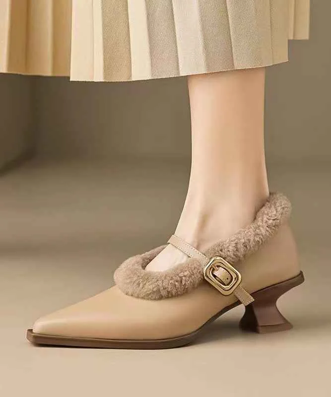 French Apricot Buckle Strap Fuzzy Wool Lined Pointed High Heels - Woolova