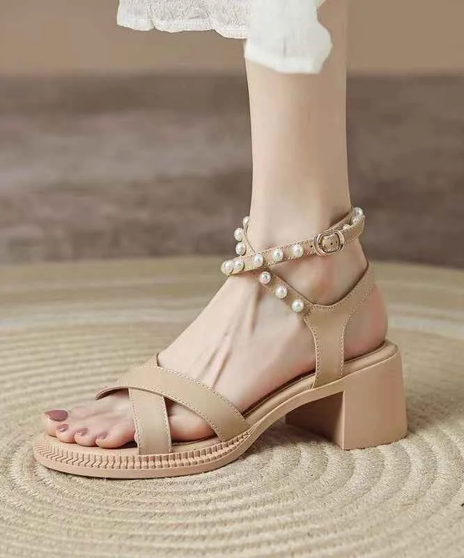 French Apricot Chunky Heel Cross Strap Sandals Peep Toe Nail Bead - Woolova