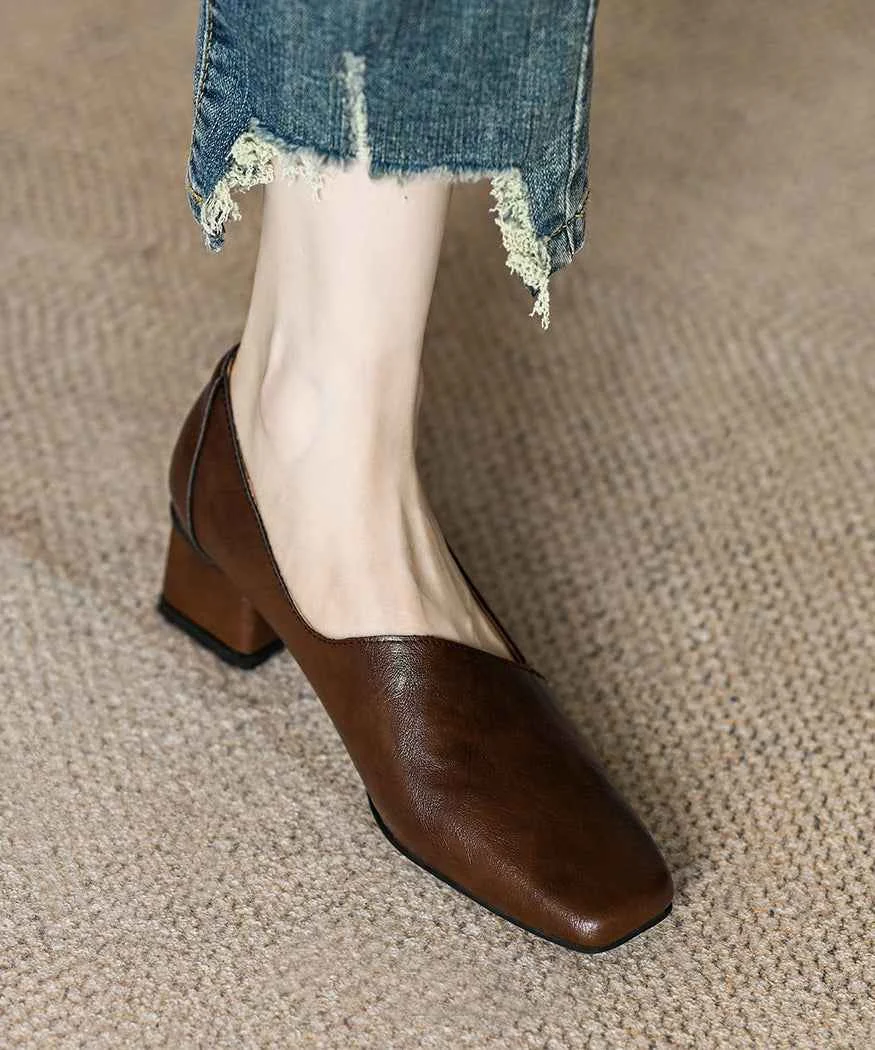 French Brown Asymmetric Splicing Chunky Heel Cowhide Leather - Woolova