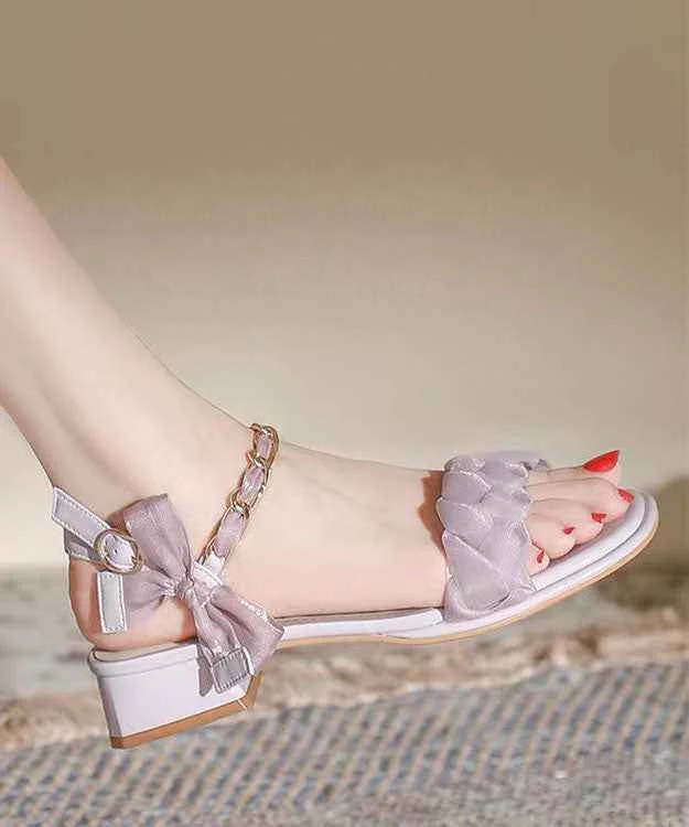 French Purple Bow Buckle Strap Splicing Chunky Sandals - Woolova