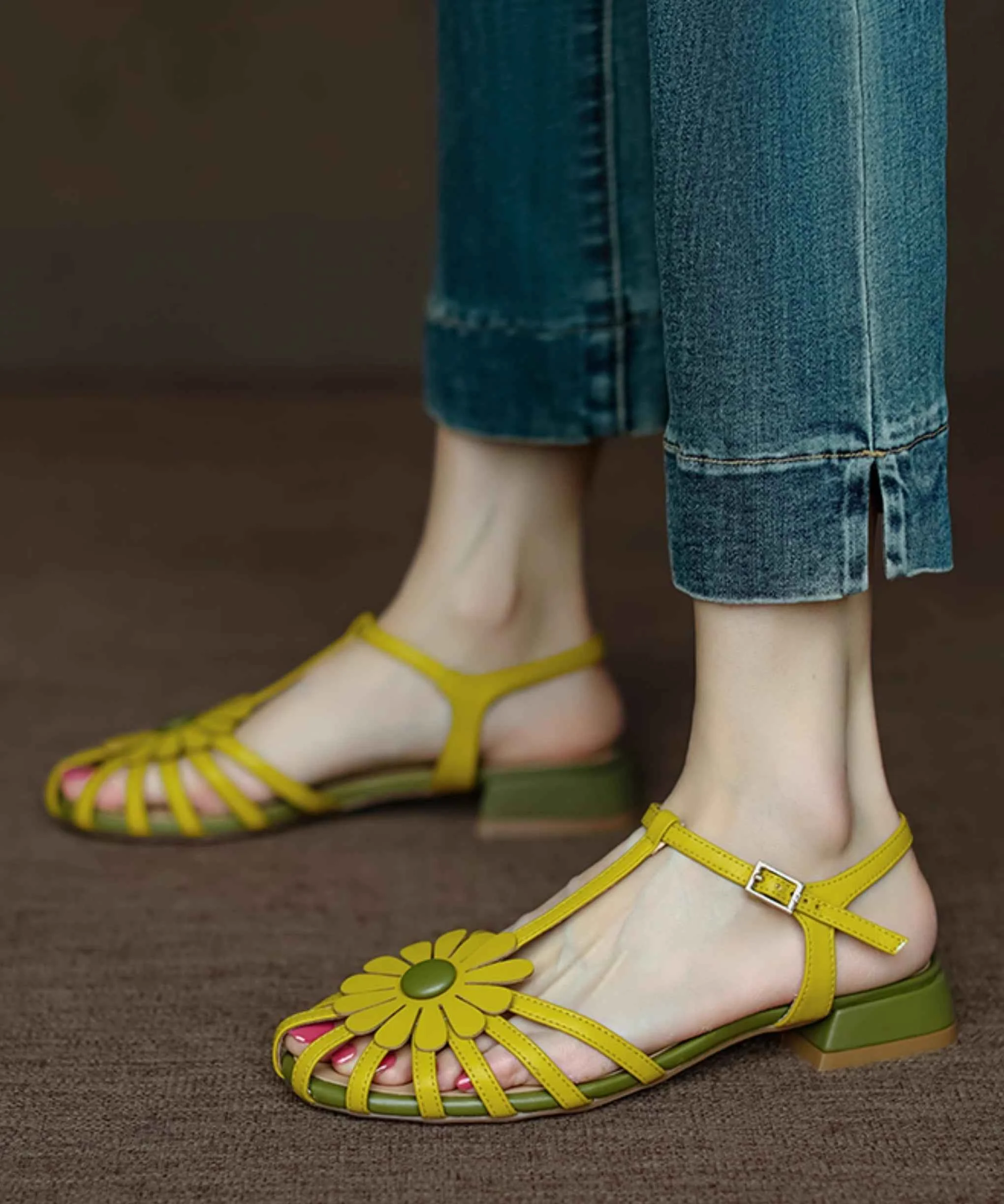 French Yellow Hollow Out Sandals Splicing Floral Chunky - Woolova