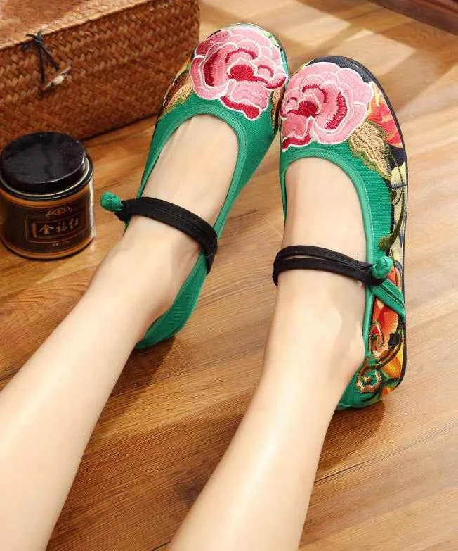 Green Flat Shoes Embroideried Comfy Cotton Fabric Buckle Strap Flat Shoes For Women - Woolova