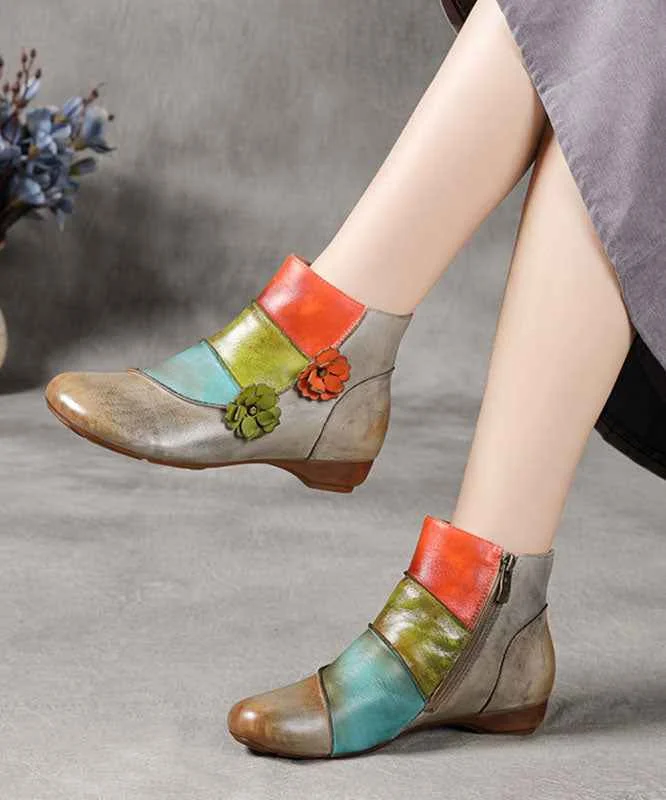 Grey Boots Cowhide Leather Comfortable Splicing Floral - Woolova