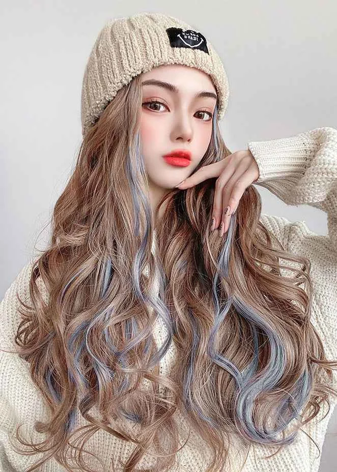 Handmade Beige Patchwork Gradient Color Long Curly Hair Knit Wig Hat - Woolova