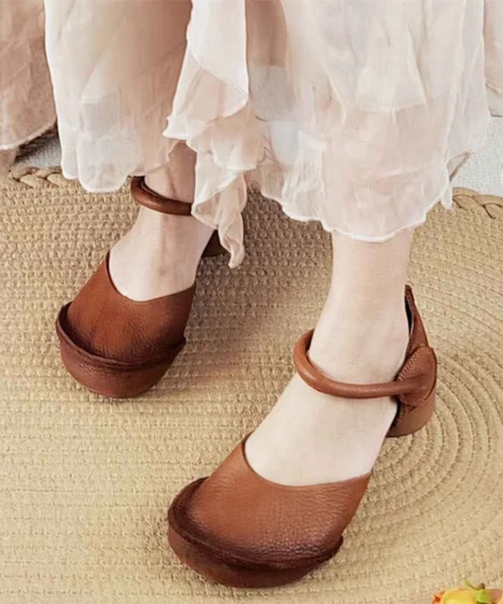 Handmade Brown Chunky Cowhide Leather Splicing Sandals - Woolova