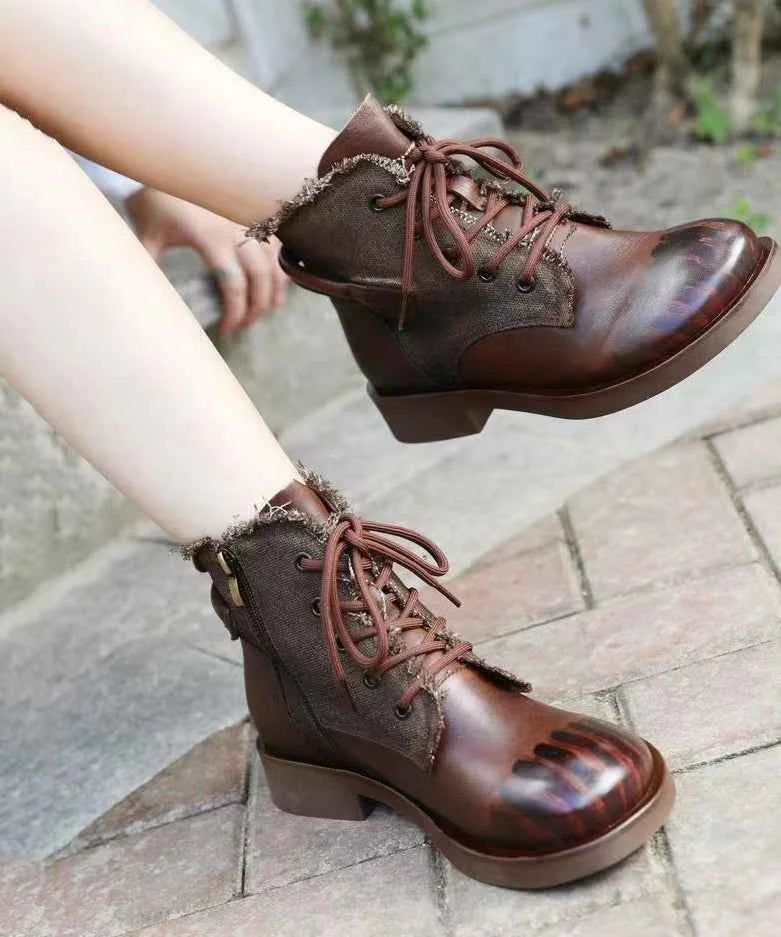 Handmade Comfy Brown Cowhide Leather Splicing Boots Lace Up - Woolova
