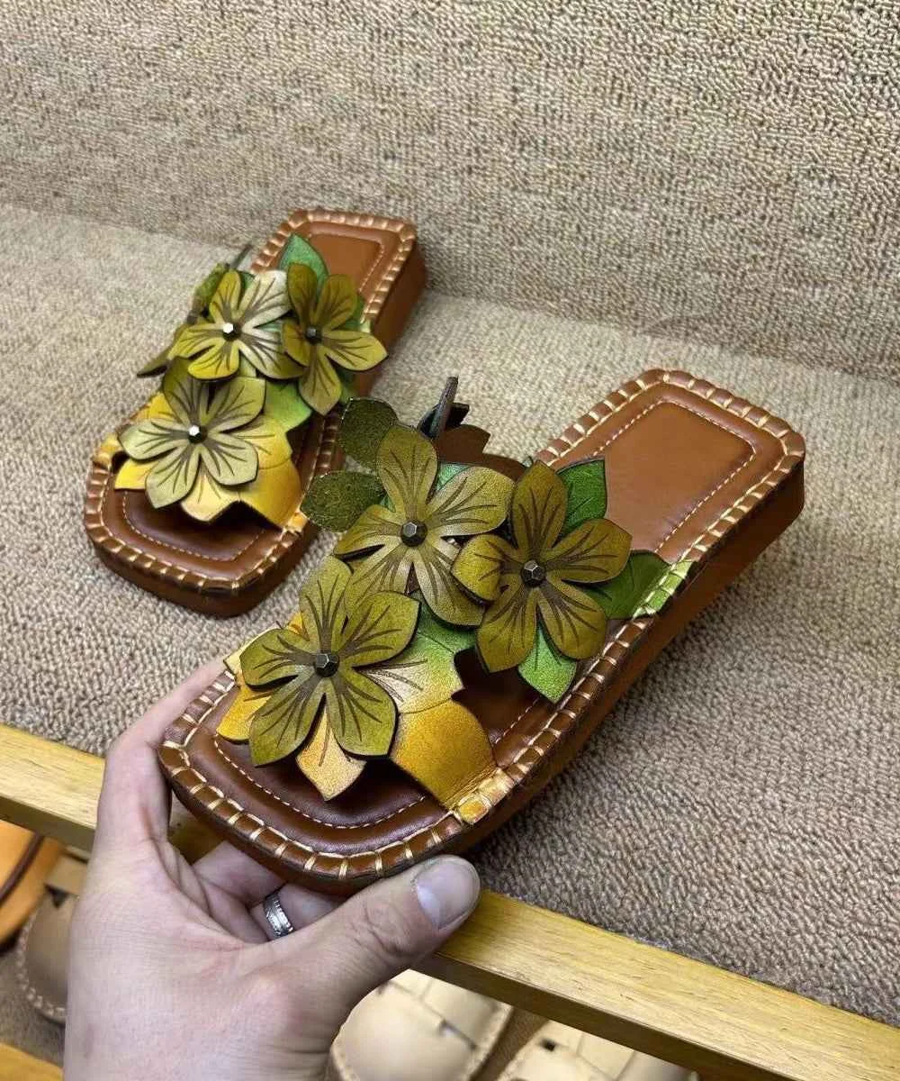 Handmade Cowhide Leather Yellow Green Floral Slide Sandals - Woolova