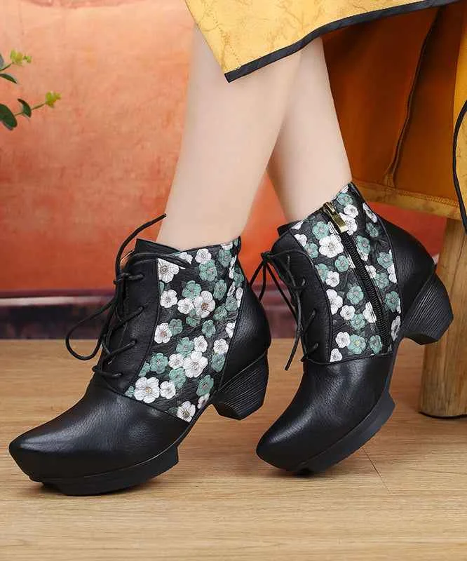 Handmade Splicing Cross Strap Chunky Boots Black Embossed Cowhide Leather - Woolova