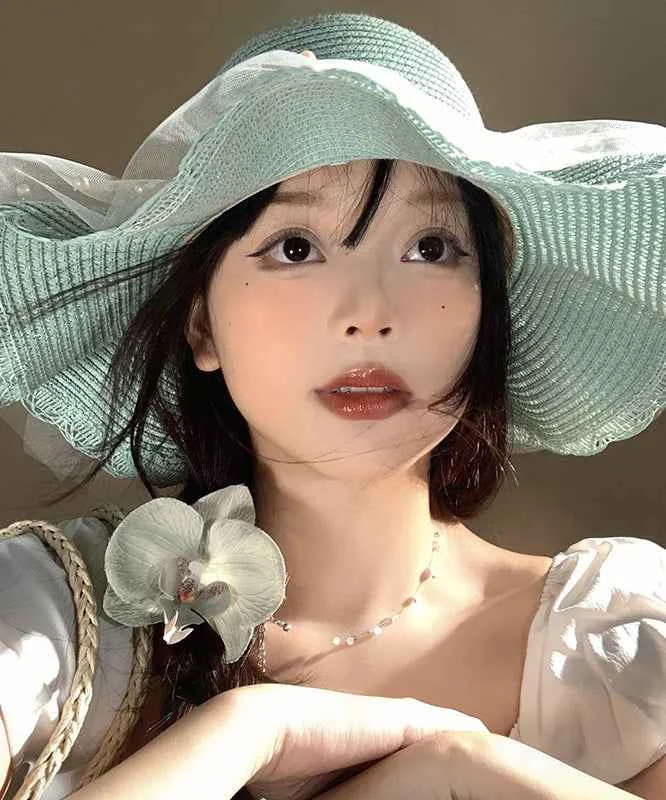 Holiday Style Light Green Tulle Nail Bead Straw Woven Floppy Sun Hat - Woolova