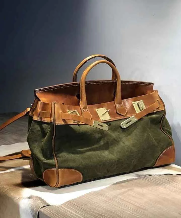 Italian Army Green Calf Leather Patchwork Tote Handbag - Woolova