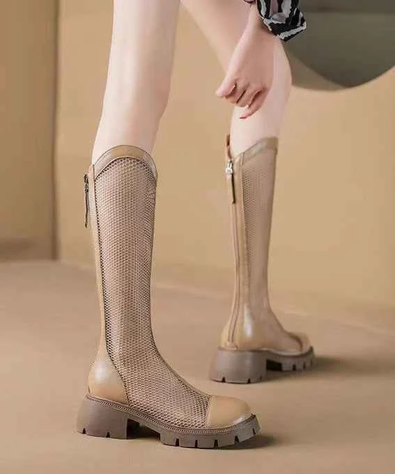 Khaki Breathable Mesh Chunky Cowhide Leather Casual Splicing Boots - Woolova