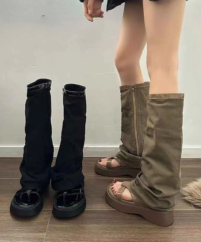 Khaki Platform Denim Casual Hollow Out Thong Sandals Boots - Woolova