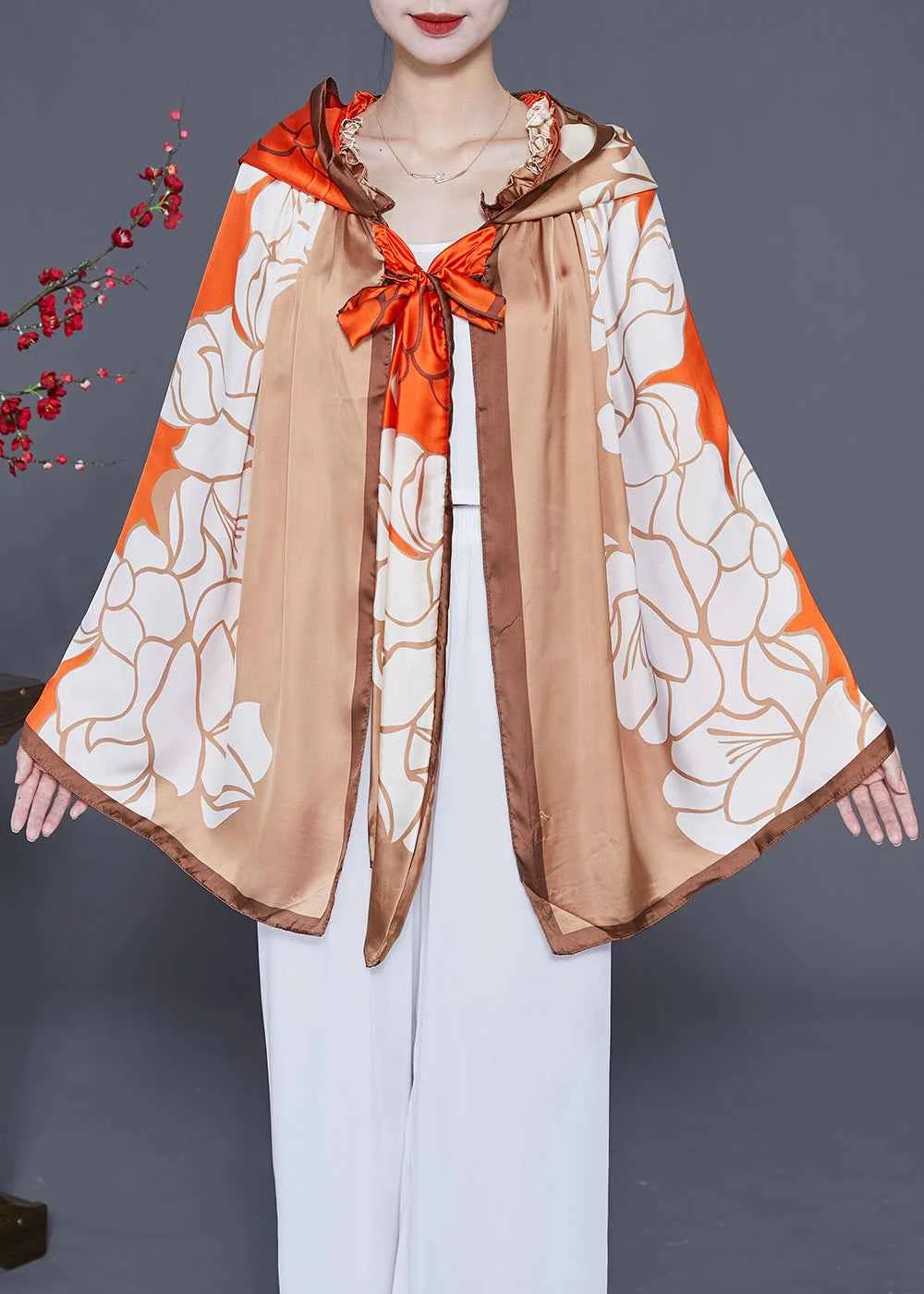 Loose Khaki Ruffled Print Silk Scarf - Woolova