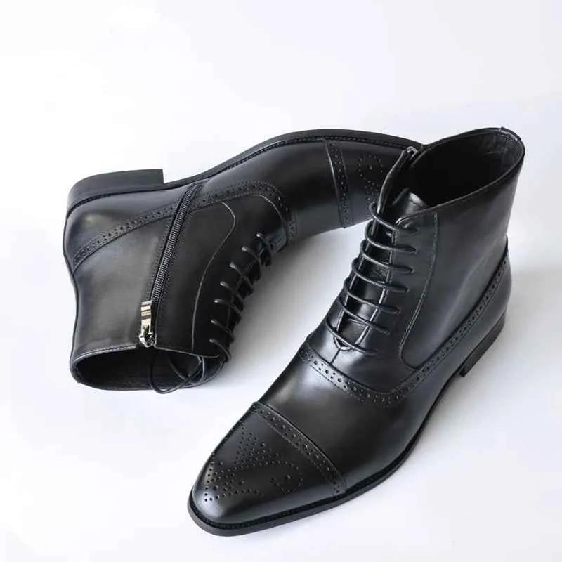 Men's Solid Lace Up Pointed Toe Side Zipper Leather Boots 250199986 - Woolova