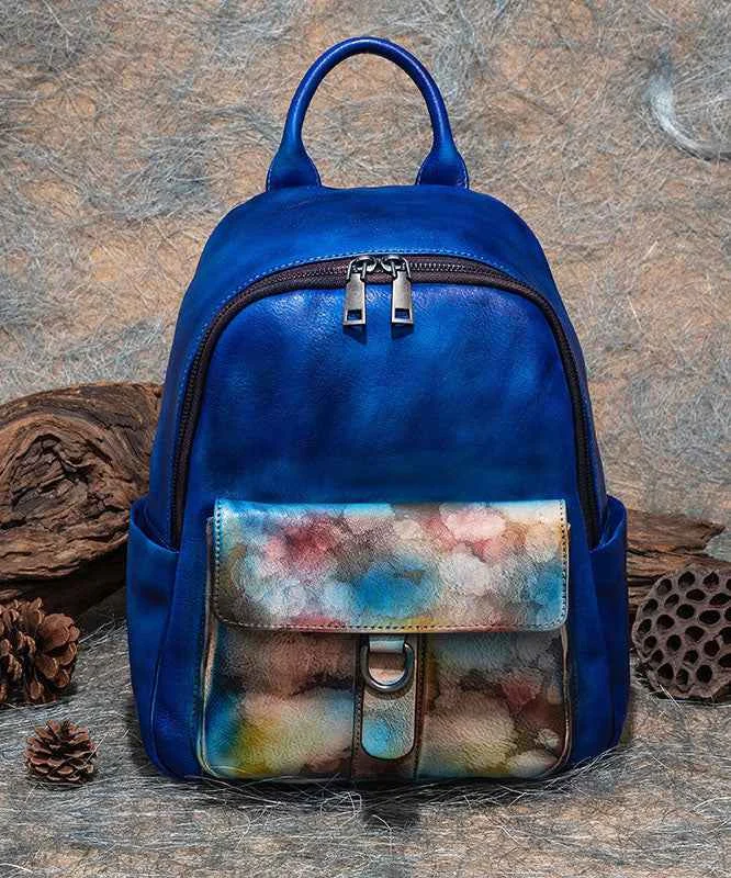 Modern Blue Print Paitings Calf Leather Backpack Bag - Woolova