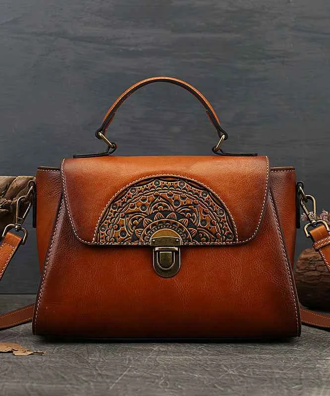 Modern Brown Jacquard Calf Leather Women's Satchel Handbag - Woolova