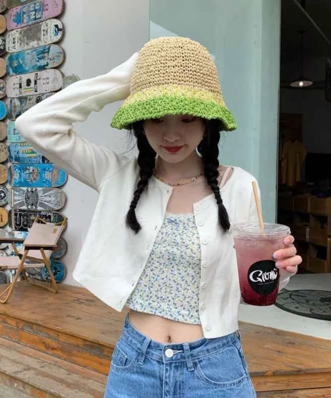 Modern Khaki Gradient Color Straw Woven Holiday Bucket Hat - Woolova