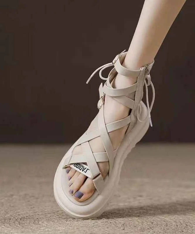 New Apricot Hollow Out Peep Toe Lace Up Roman Sandals - Woolova