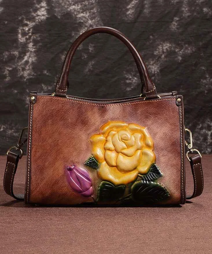 New Casual Coffee Embossed Calf Leather Tote Messenger Bag - Woolova
