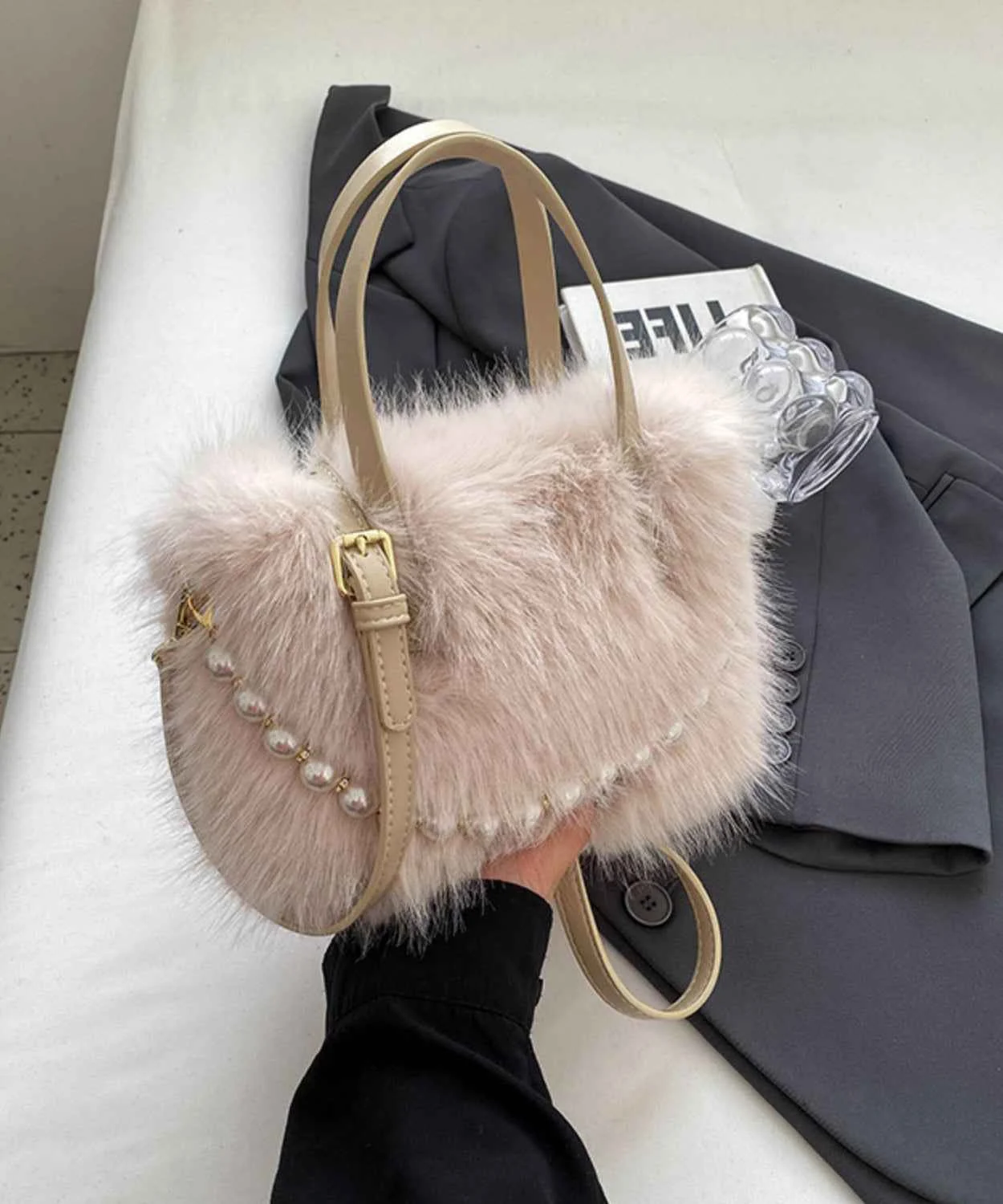 New Fashion Beige Pearl Fuzzy Fur Fluffy Square Crossbody Bag - Woolova