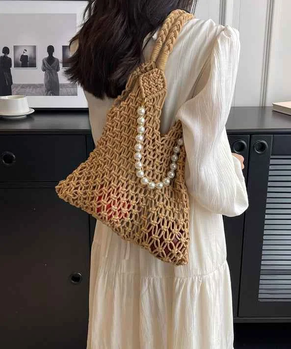 New Khaki Hollow Out Beading Fashionable Weaving Satchel Bag Handbag - Woolova
