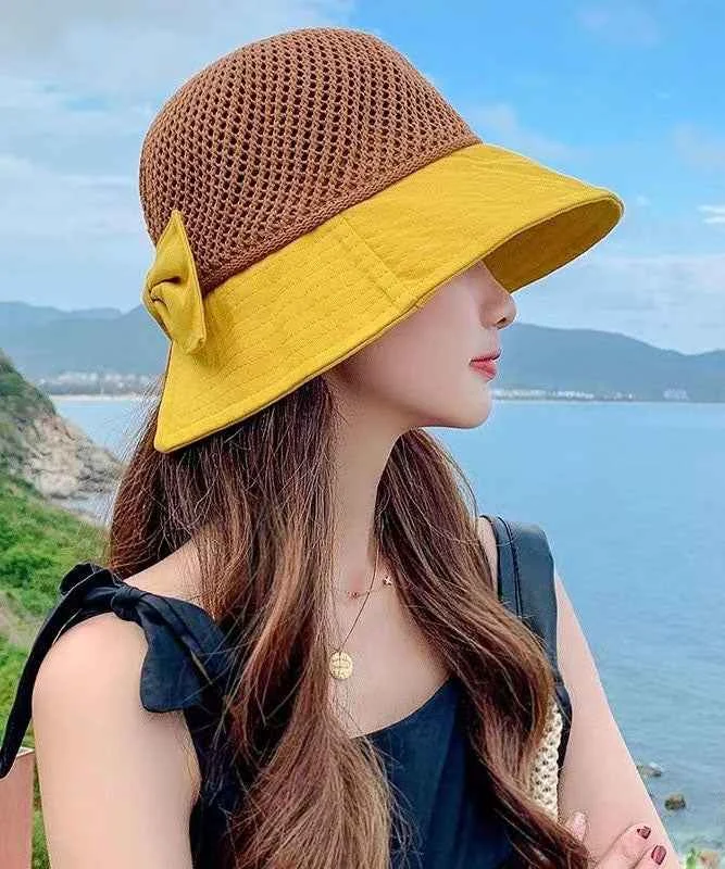 New Yellow Hollowed Out Patchwork Bow Shading Bucket Hat - Woolova