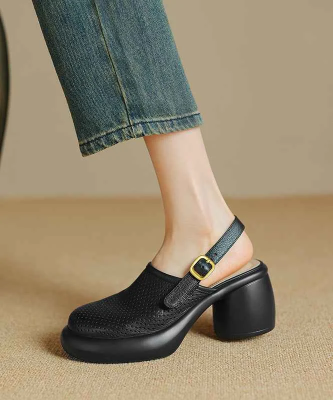 Black Hollow Out Splicing Buckle Strap Chunky Sandals - Woolova