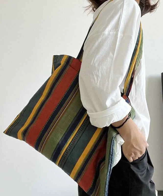 Organic Colorblock Colorful Stripes Canvas Vintage Satchel Handbag - Woolova