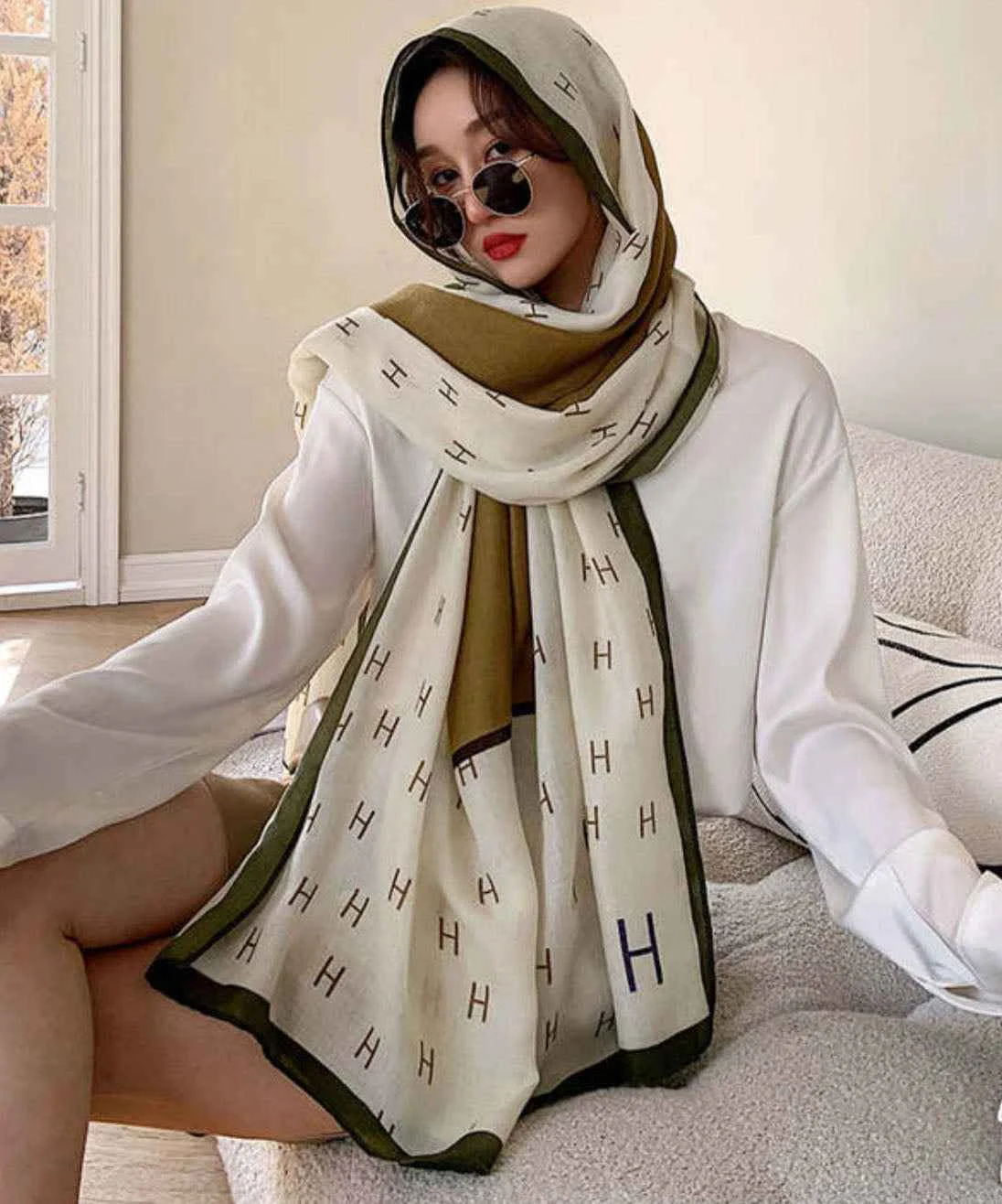Original Design Beige Print Rectangle Cotton Shawl - Woolova