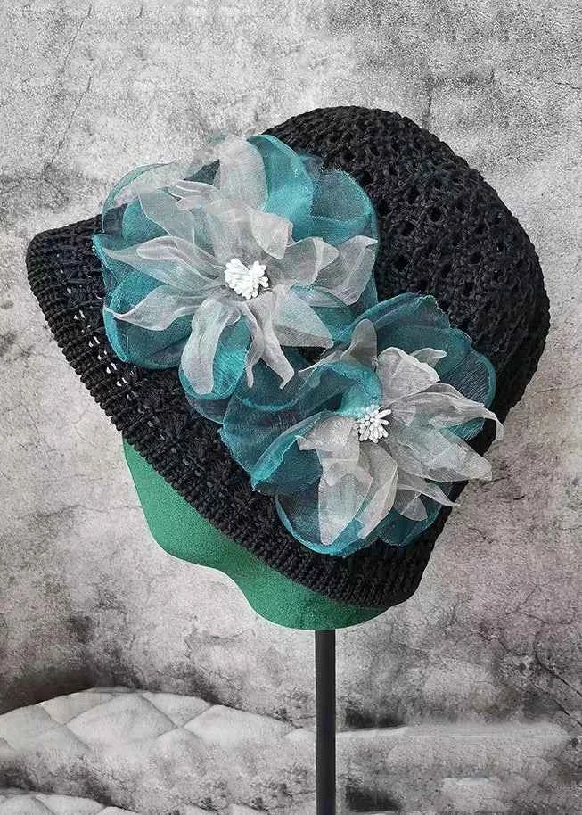 Original Design Black Blue Floral Hollow Out Bucket Hat - Woolova