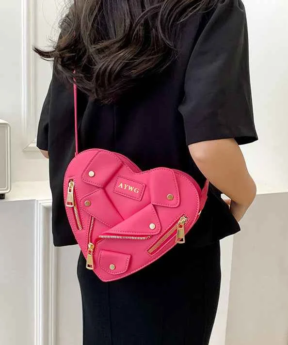 Original Design Pink Heart Zippered Patchwork Faux Leather Messenger Bag - Woolova
