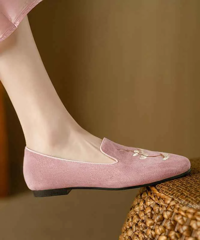 Pink Embroidery Suede Flat Shoes For Women Retro - Woolova