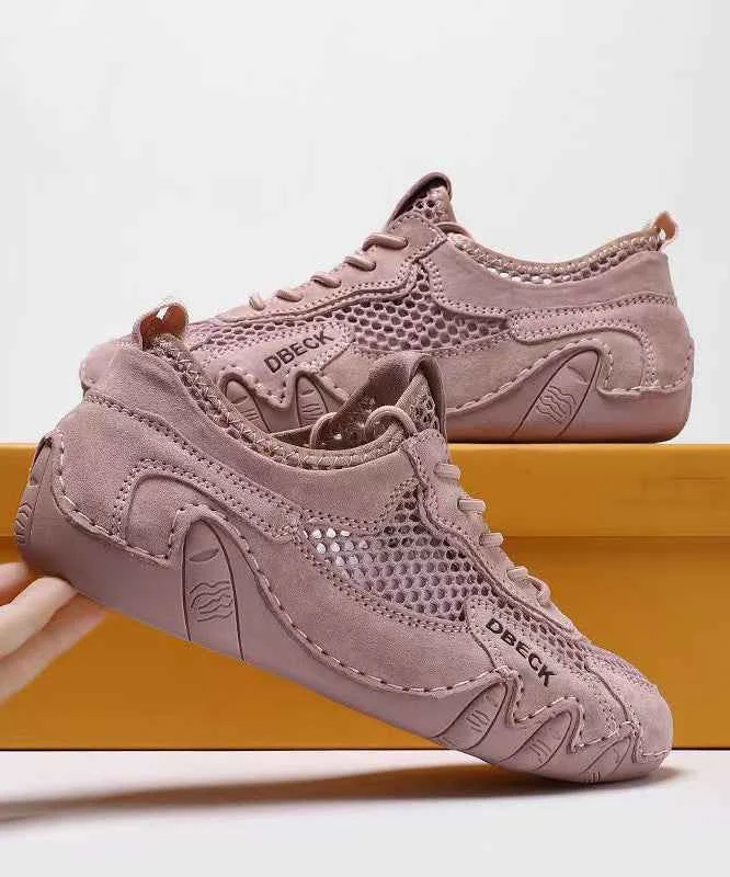 Pink Soft Cowhide Leather Breathable Mesh Flat Feet Shoes - Woolova