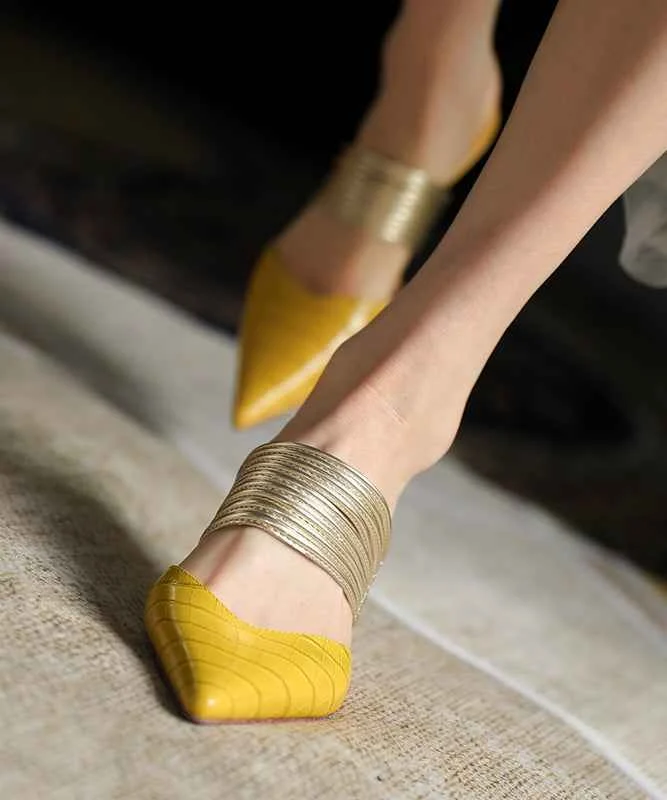 Pointed Toe Yellow Cowhide Leather Splicing Stiletto Slide Sandals - Woolova