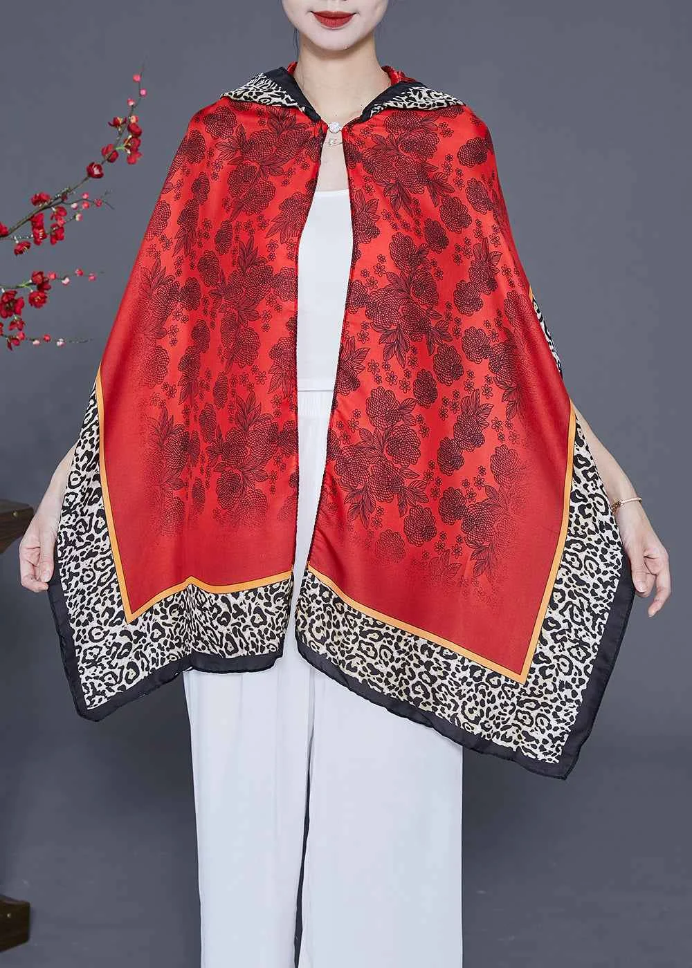 Red Leopard Print Hooded Silk Scarf Hooded - Woolova