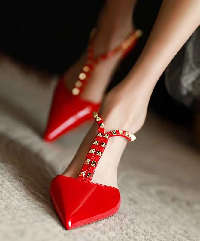 Red Rivet Stiletto Cowhide Leather Comfortable Splicing Slide Sandals - Woolova