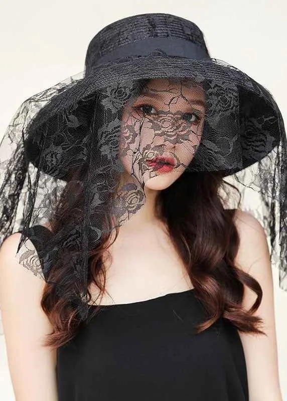 Retro Black Lace Patchwork Straw Woven Floppy Sun Hat - Woolova