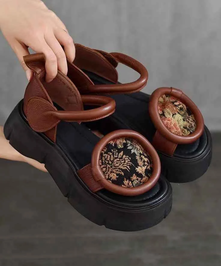 Retro Chocolate Platform Cowhide Leather Fitted Splicing Sandals - Woolova