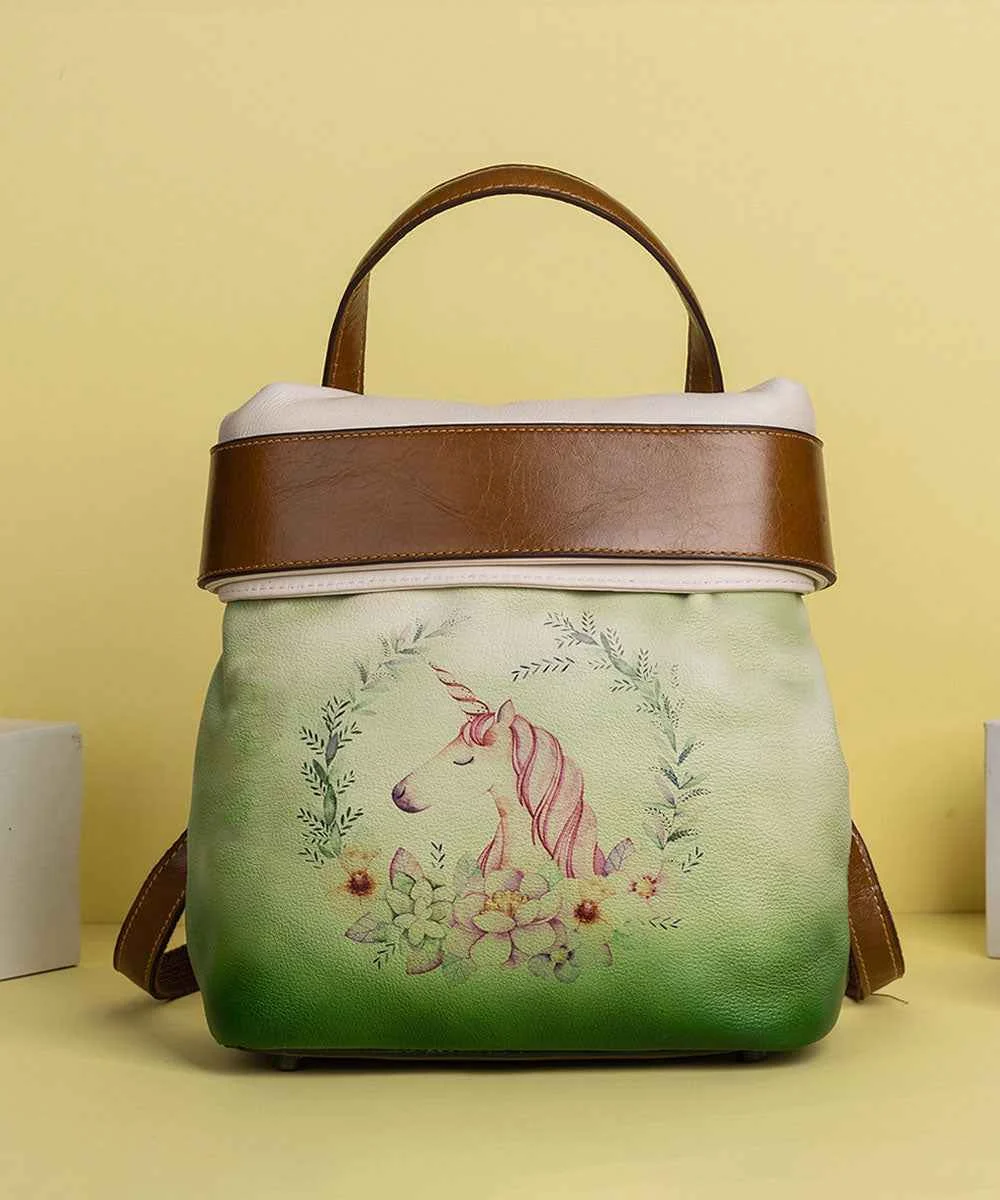 Retro Green Print Paitings Calf Leather Backpack Bag - Woolova