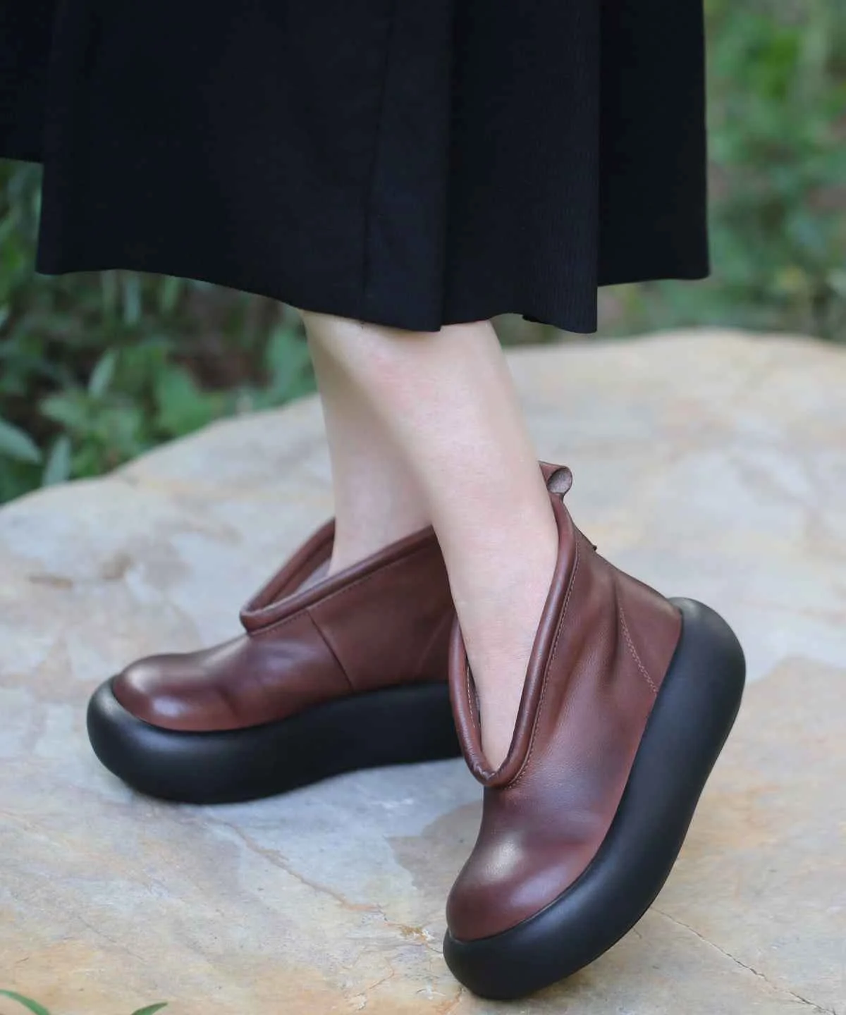 Retro Splicing Platform Ankle Boots Coffee Cowhide Leather - Woolova
