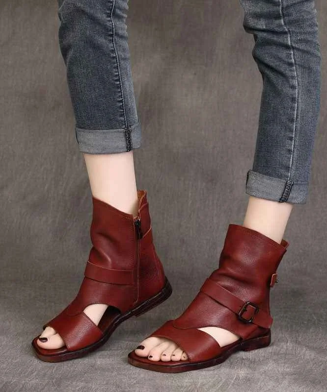 Retro Zippered Splicing Flat Boots Brown Cowhide Leather Peep Toe - Woolova