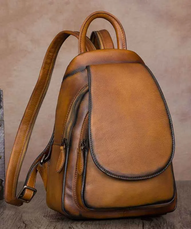 Simple Brown Large Capacity Genuine Calf Leather Backpack Bag - Woolova