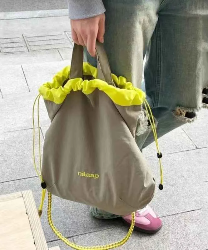 Simple Khaki Patchwork Drawstring Canvas Satchel Handbag - Woolova