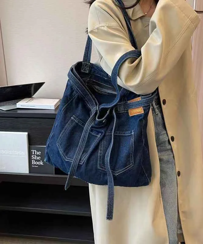 Simple Navy Letter Denim Durable Satchel Bag Handbag - Woolova