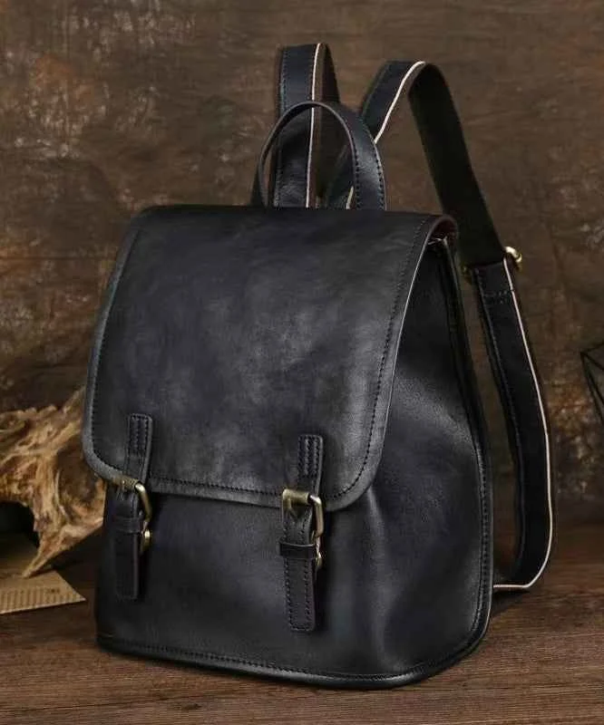Simple Style Black Large Capacity Calf Leather Backpack Bag - Woolova